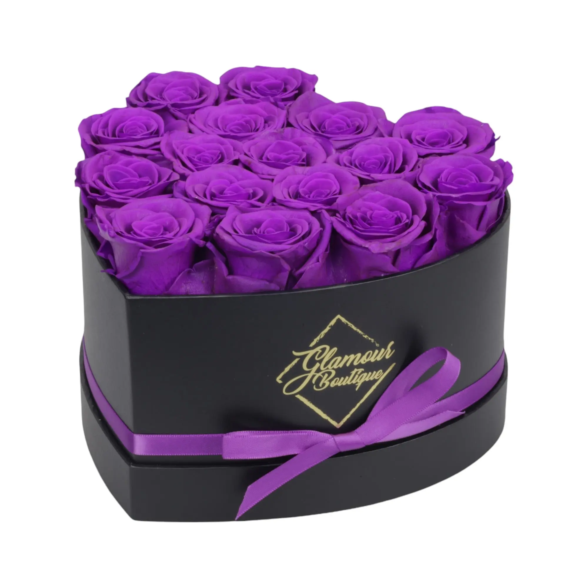 GLAMOUR BOUTIQUE Immortal Love Black Heart Decorative Box with 16 Purple Roses - 2 lbs, 3-3.5 in Diameter, Ideal for Birthday, Mother's Day, Valentine's Day