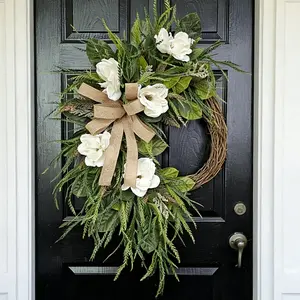 Artificial Front Door Wreath, Camellia Magnolia Ring, Country Farmhouse Style with Jute Bow, Plant Decoration, Farmhouse Porch Decoration