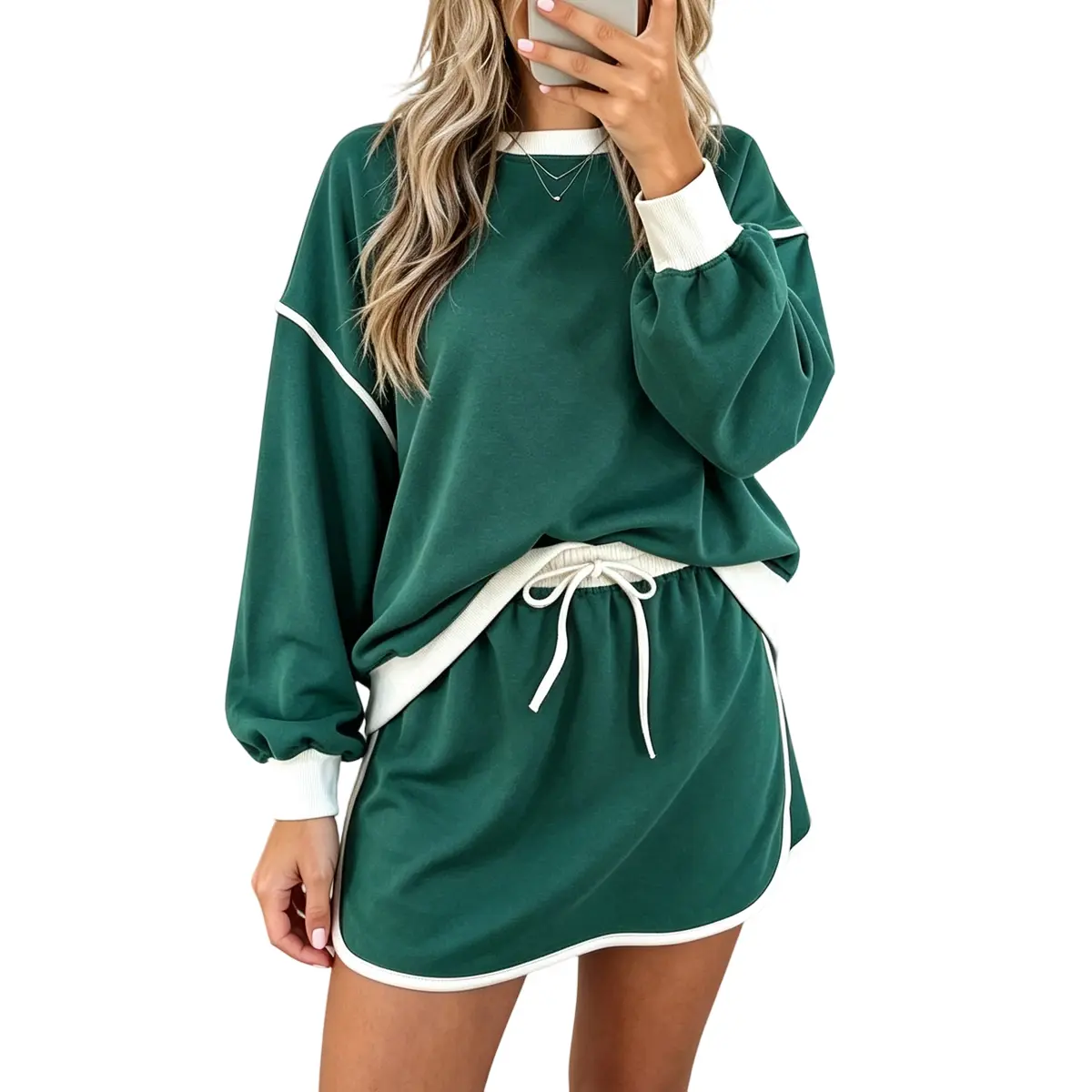 Mntaor Women's Contrast Loose Winteroutfit Long Sleeve Pullover and Lace-Up Waist Skort Set-Comfortable Fit for Chic Occasions Womenswear Outfit