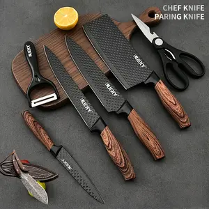 Professional 6-piece cooking utensil set, including practical knives, peeler, and scissors made of high-carbon stainless steel, ultra-sharp, with non-stick ergonomic wooden handles. Chef knife set, suitable for home use, travel, and as a gift box