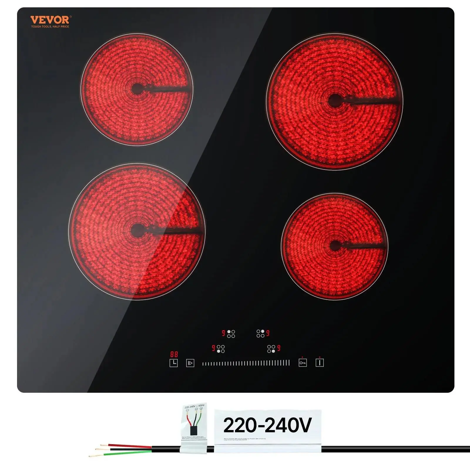 【Summerfinds】VEVOR Built in Electric Stove Top,  , 23.2 x 20.5 inch 4 Burners, 240V Glass Radiant Cooktop with Sensor Touch Control, Timer & Child Lock Included, 9 Power Levels for Simmer Steam Slow Cook Fry