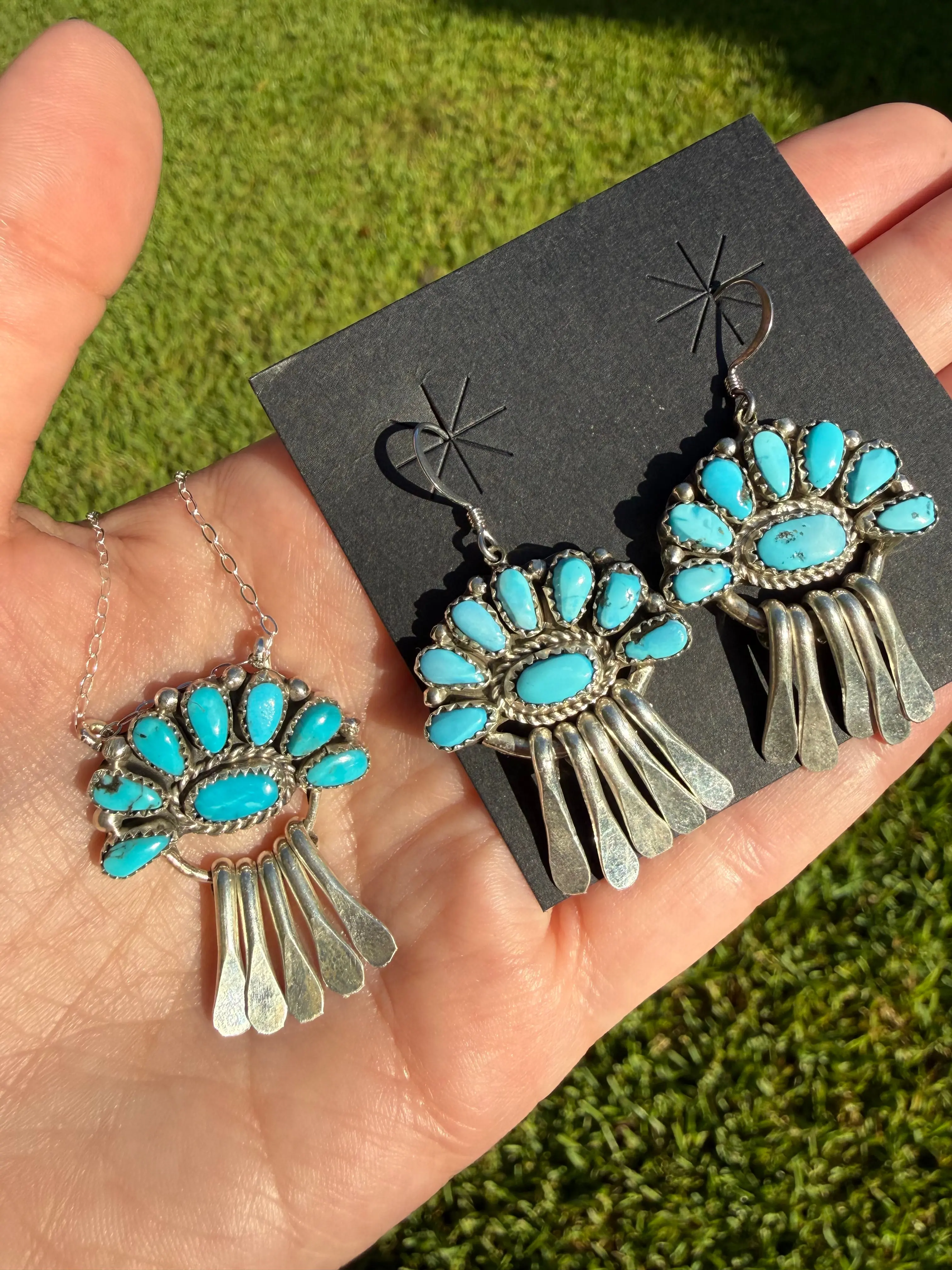 Navajo Turquoise Half Flower Cluster Sterling Silver Earrings or Necklace