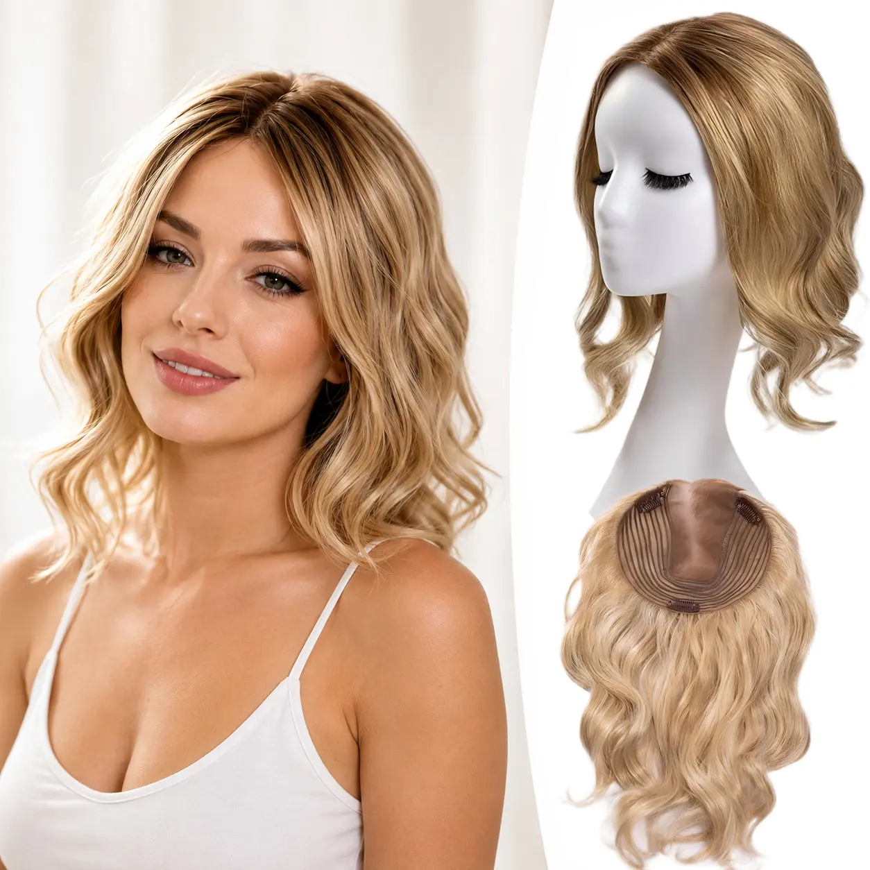EC 78g Wavy Crown Hair Topper for Women with Thin Hair, 14-Inch Synthetic Volume Hairpiece, 6×6.5in Hand-Knotted Lace Base with 3 Secure Clips, Glue-Free Top Coverage, Root Blending & Soft Wavy Fullness