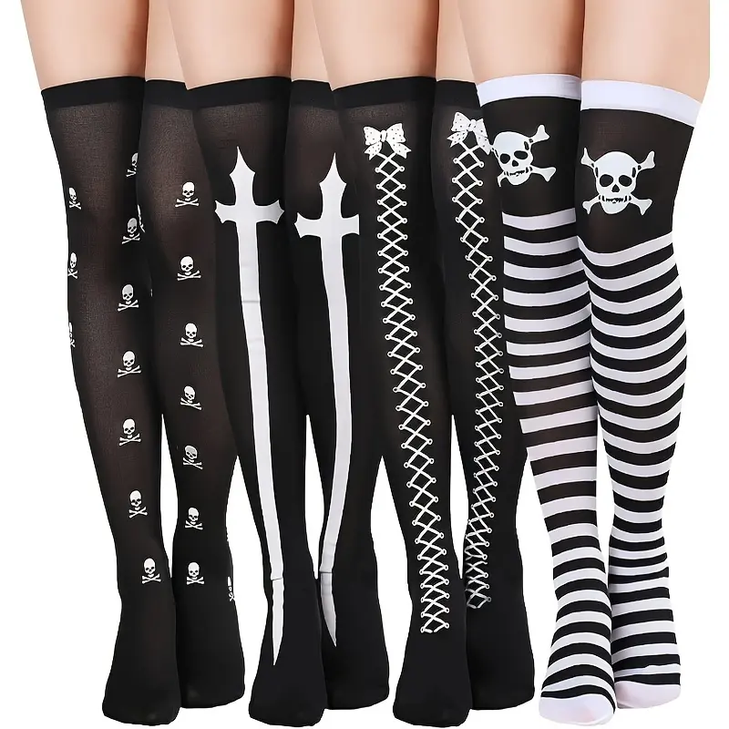 4Pcs Halloween Skull Thigh High Stockings, Over Knee Long Cosplay Socks, Gothic Spooky Stretchy Hosiery, Fashion Leg Accessories For Women Themed Party, Haunted House Dress Up & Street Photoshoot