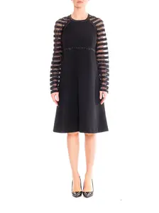 1960S JACQUELINE VANOYE Black Polyester Knit MOD Cocktail Dress With Mesh Lurex Stripe Sleeves