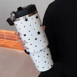 30oz Portable Insulated Leak Resistant Tumbler for Cold Drinks, Star Pattern with Straw, 304 Stainless Steel Double Layer Design, Ideal for Sports Outdoors