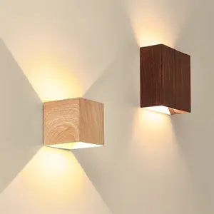 Modern LED Wall Light, Natural Wood Color/nut Square 12x10cm, Bedroom Bedside Ambiance Lamp, Hallway Staircase Living Room Decor