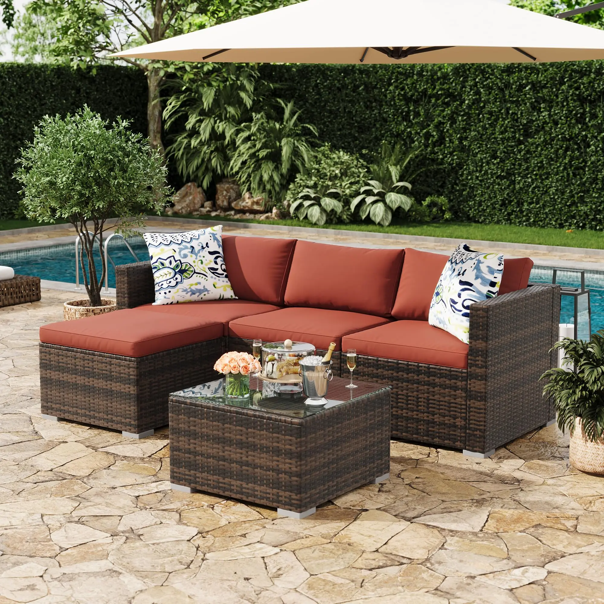 5-Piece Rattan Sectional Set – Wicker Sofa with Anti-Slip Cushions – Glass Coffee Table & Ottoman – Perfect for Outdoor Living, Backyard Lounging, Garden Seating, or Patio Entertaining