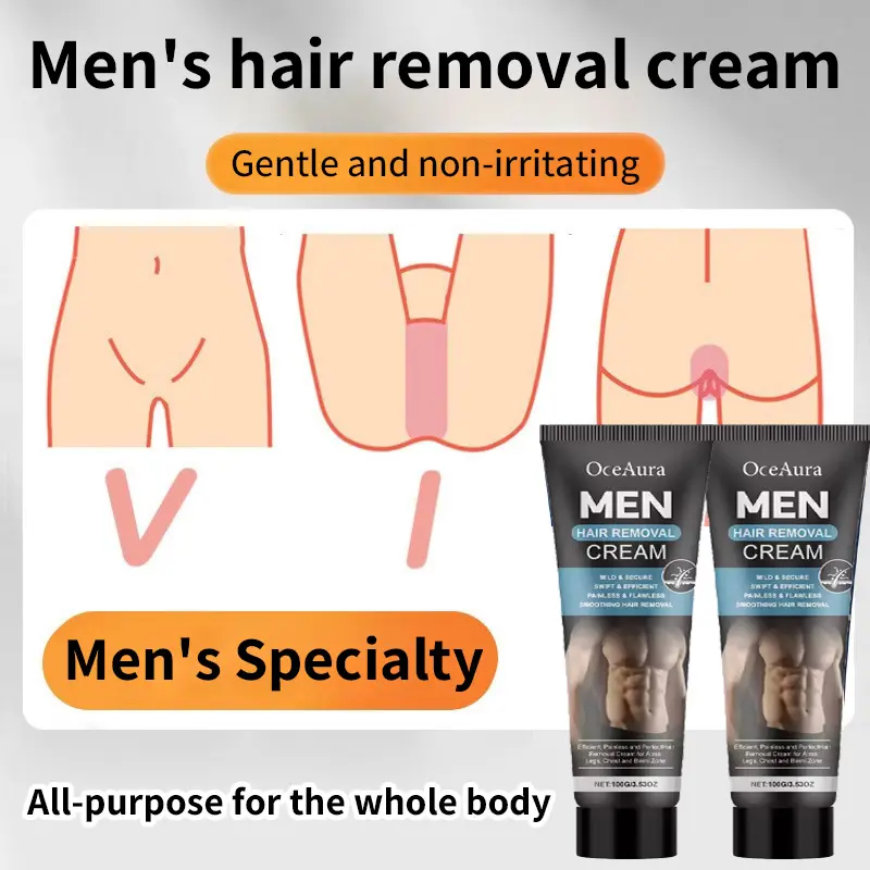 Men’s painless hair removal cream, gentle depilatory balm suitable for legs, chest, back, underarms, and intimate areas; quickly removes coarse, hard male body hair while soothing and non‑irritating.