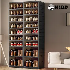NLDD Black Foldable 9-Tier Shoe Rack Organizer with Clear Doors & Wheels Space-Saving Storage for 18 Pairs Adjustable Height Plastic Magnetic Stackable Cabinet for Closet Bedroom