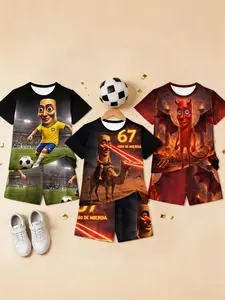 Boys' 67 Number Meme Clothing Set, Funny 3D Print Short Sleeve Tee, 6-Piece Party, Perfect Gift for Birthdays & Holidays