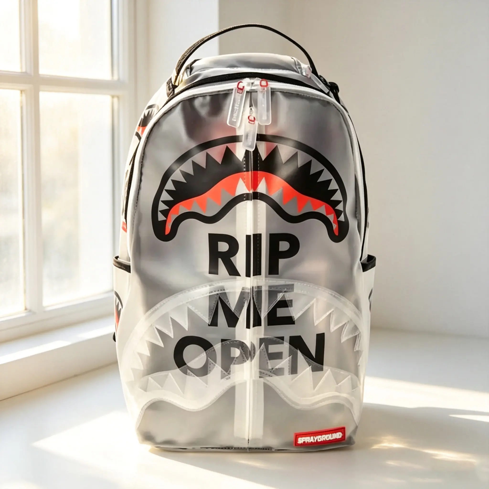 Sprayground Transparent Shark Mouth Backpack RIP ME OPEN Print PVC Clear Backpack Large Capacity Waterproof Laptop Backpack Trendy Streetwear Rucksack Fashion See Through Backpack Casual Daypack For Teen Boys Girls School Travel Daily Commute