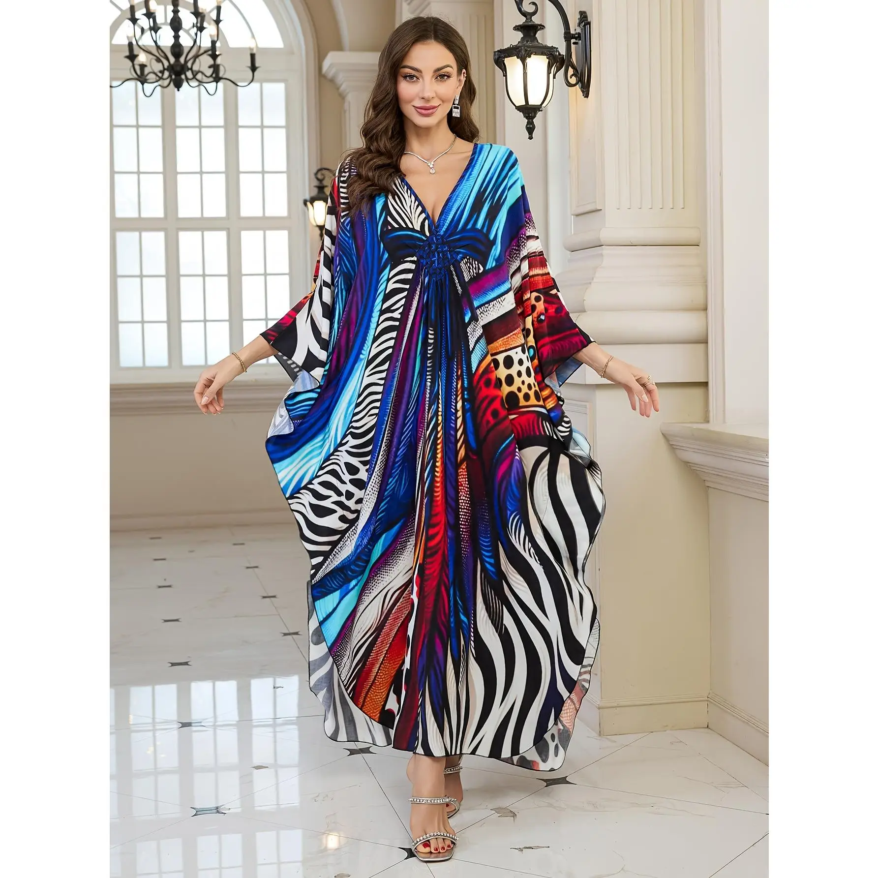Vibrant Striped Kaftan Dress - Elegant Polyester Mid-Length Party Gown with Long Sleeves, Non-Sheer, Perfect for Fall Events - Available in Multiple C