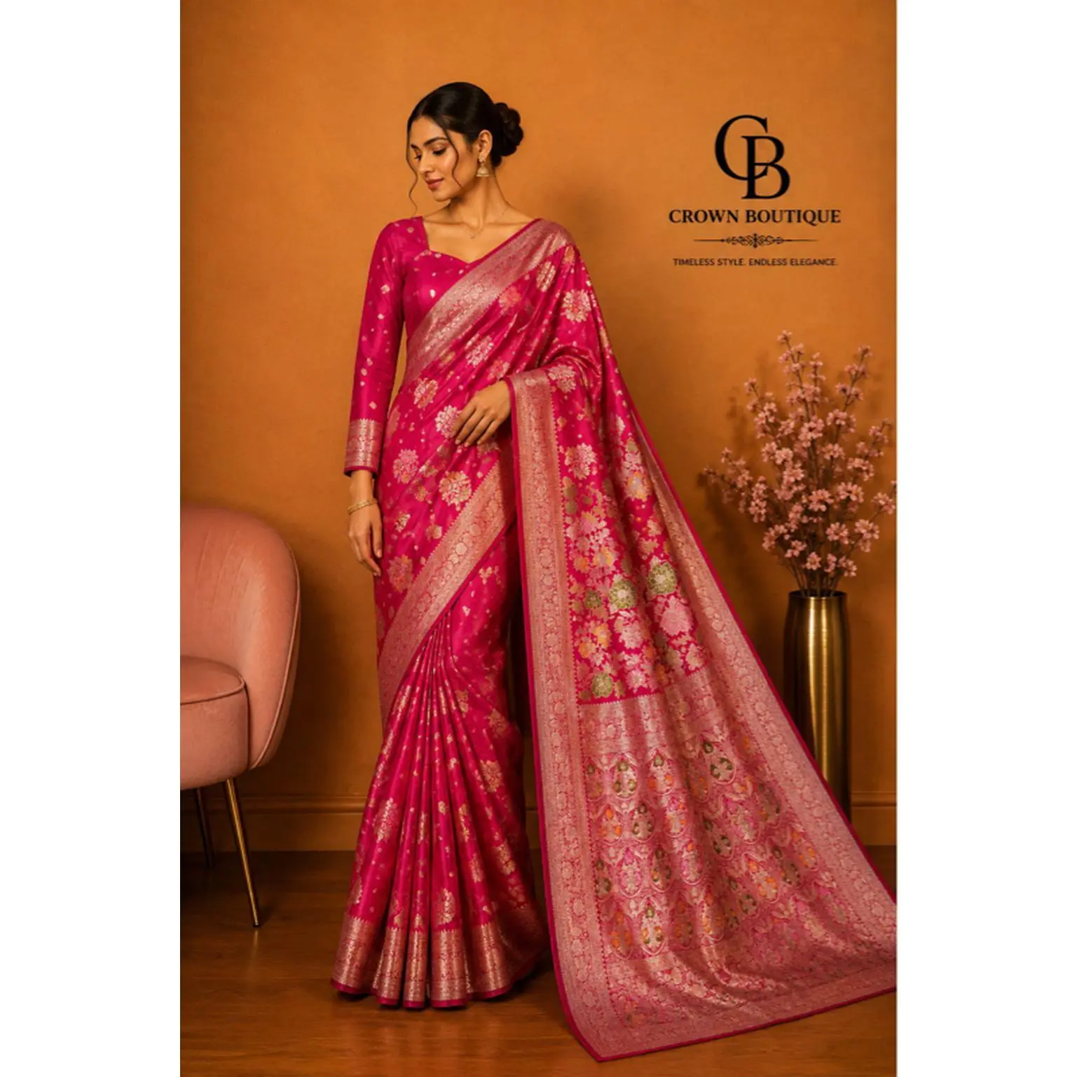 Women's Traditional Wrap Dola Silk Saree - Crown Boutique Flower Print, Swarovski Stone Work, Stitched V-Neck Blouse, Red & Pink, Sizes 36-44, Style for Formal Party Festival Wear, Women's Dresses & Clothes