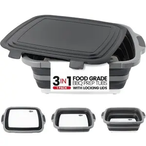 BBQ Prep Tub 3-IN-1 Large 16L Collapsible Cutting Board with Locking Lid for Meal Prep Marinating Food, Camping Sink with Colander, Dish Basin, Storage Blanket for Camping Picnic BBQ, Black