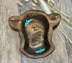 Cow Wooden Dough Bowl with Turquoise Accents
