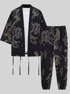 Men's Loong Print Lounge Set, Casual Comfy  Long Sleeve Top & Pants Loungewear Set, Men Sleepwear Pajama for All Seasons