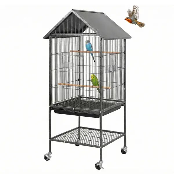 [FLASH SALE] Garvee 47.2" h Bird Cage with Wheels and Waterproof Sloping Roof, Large Metal Bird Cage with Bottom Storage Shelf for Indoor Outdoor Garden Backyard, Fit for Small and Medium-Sized Birds
