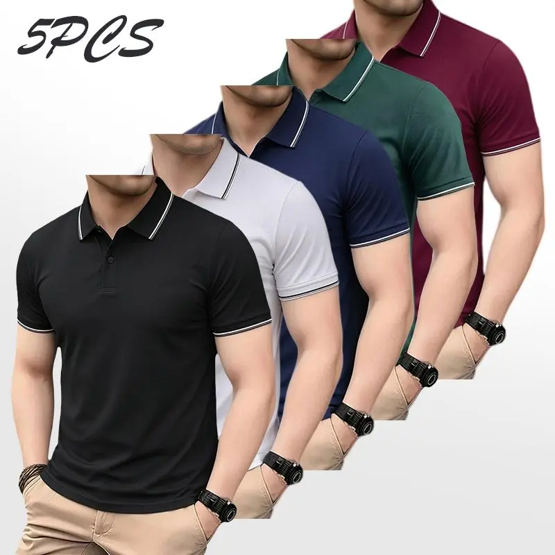 Men's 5-Pack High-Quality Jersey Preppy Custom-Fit Dry-Fit Moisture-Wicking Short-Sleeve Polo Shirts - White Striped Collar, Breathable Tops for Golf, Casual Gatherings, Custom-Fit Polo Shirts, Dry-Fit Polo Shirts