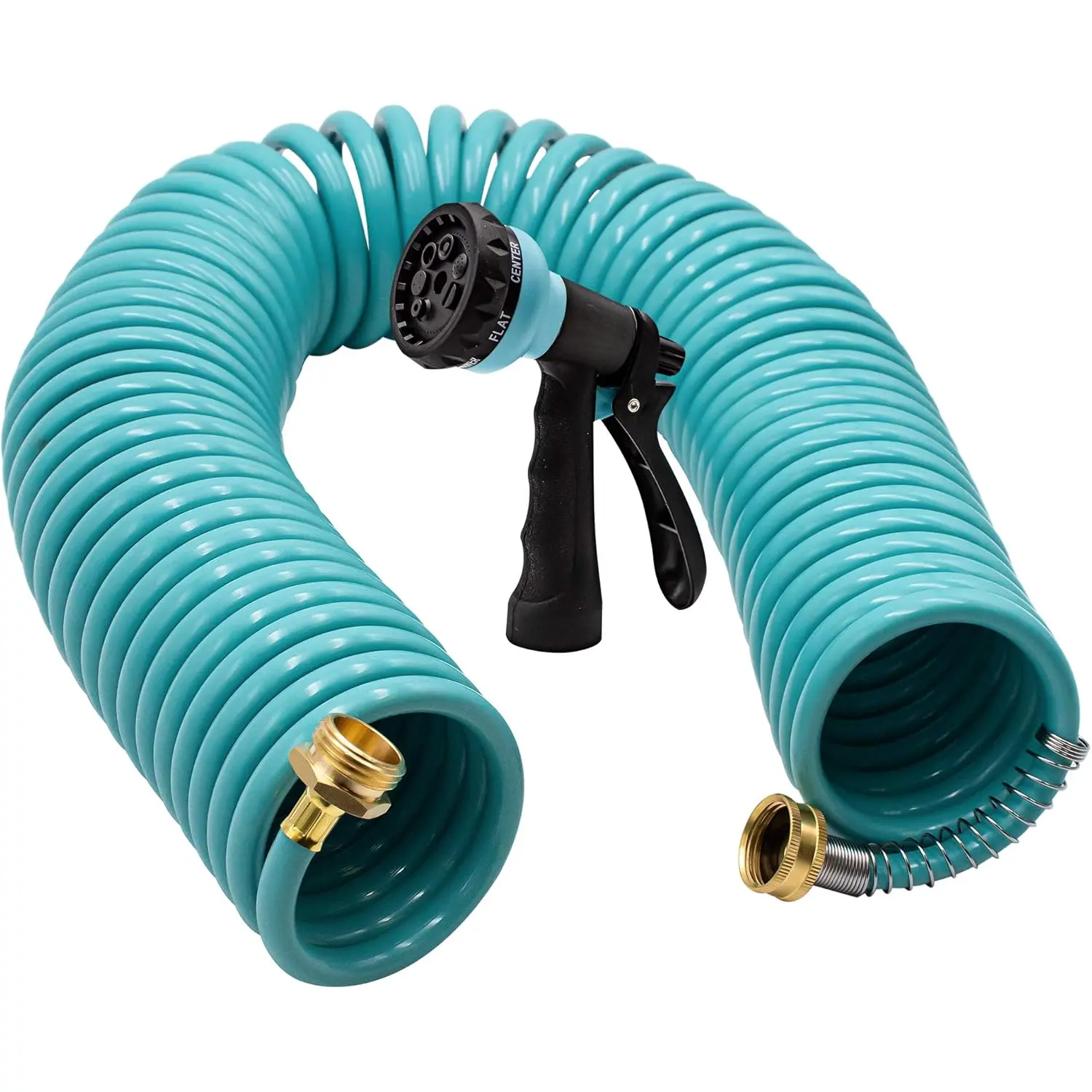 Recoil Garden Water Hose 50 ft, EVA Curly Water Hose with Brass Connectors,Garden Hose Coil,Includes 7- Function Sprayer,Retractable, Resistant Garden Coil Hose.