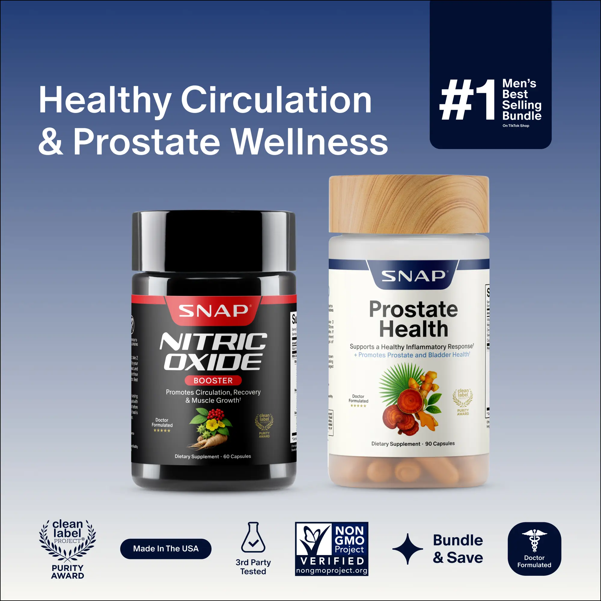 Ultimate Men's Health Bundle - Snap Supplements - Nitric Oxide Booster 60ct + Prostate Health Bundle - Natural Supplement Capsules - Support Blood Circulation & Prostate Health