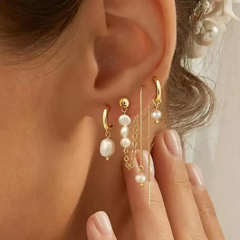 Women's Pearl Embellished Earring Stack, Dainty 14k Plated Hypoallergenic Hoop & Dangle Design, Perfect Gift for Her, Earring Stacking Set Earrings Jewelry