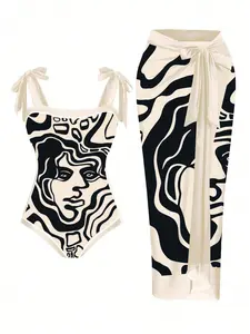 Swim Curve Plus Size Printed Tie Shoulder One-Piece Swimsuit And Swim Skirt 2pcs/Set Carnival