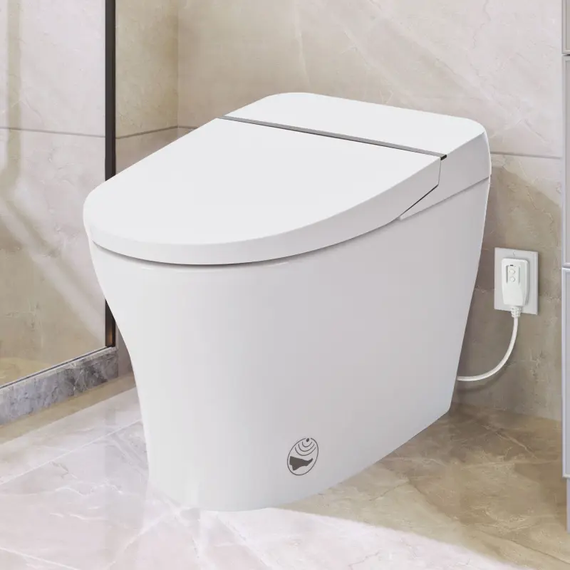 Smart Toilet Bidet Combo with Self-Cleaning Nozzle Upmarket Compact Dual Flush 1/1.28 GPF Tankless Toilet Foot Sensor Flush White Night Light Knob Control Power Outage Flushing Soft Close - Modern Bathroom Toilet Tank Bidet Toilet Seat, Led Light