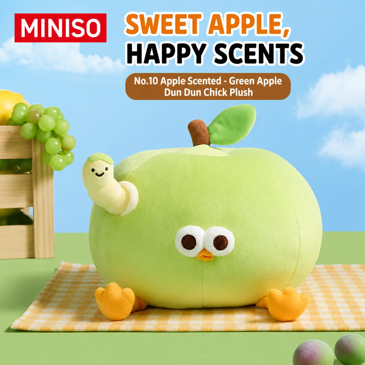 MINISO Dundun Series No. 10 scented green apple plush figurine — cute plush doll, hug pillow, soothing character