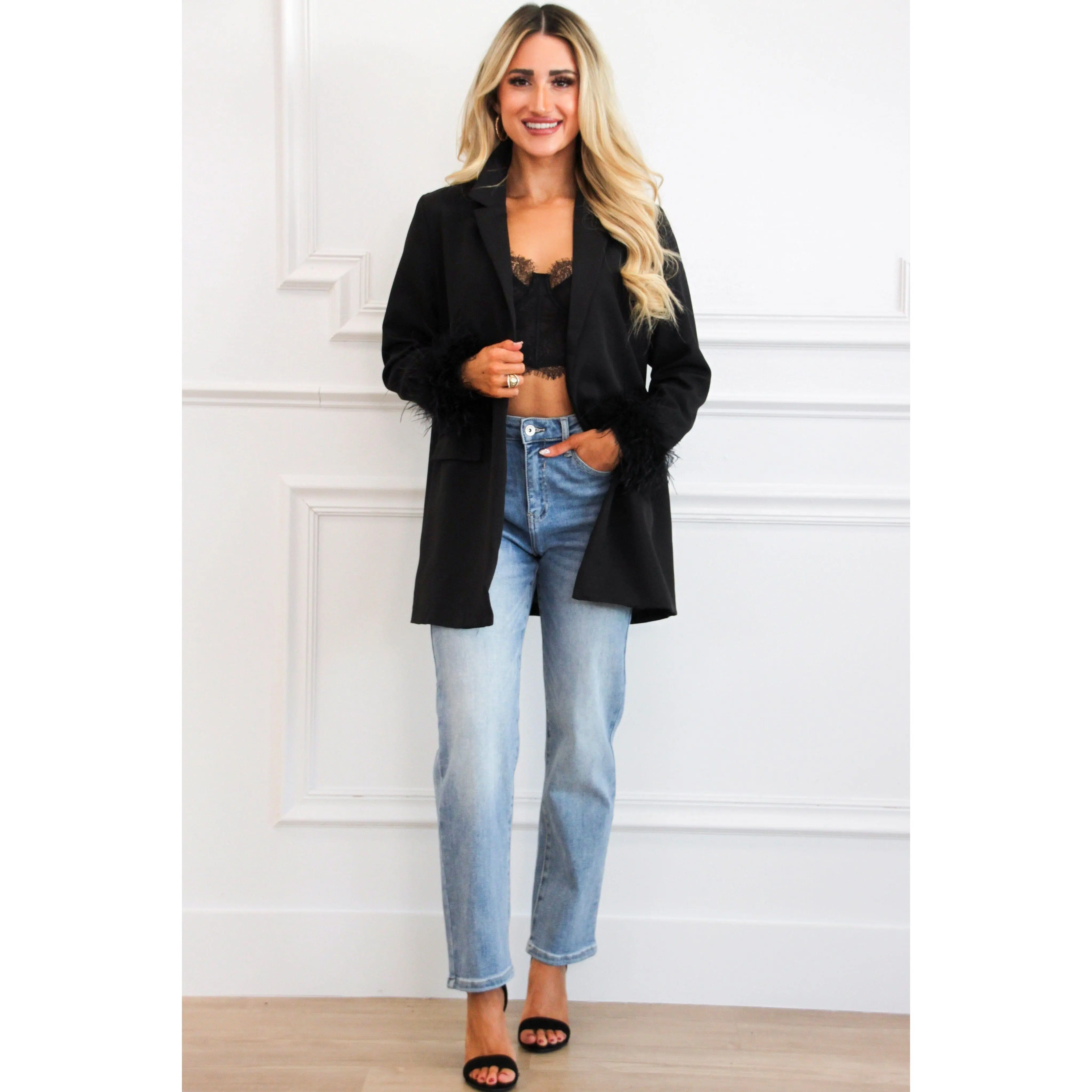 Betsy Oversized Feather Blazer: Black