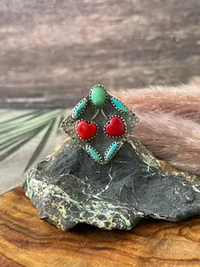 Handmade Sterling Silver Kingman with Sonoran Mountain Turquoise and Rosarita Adjustable Cherry Ring "Signed Nizhoni"