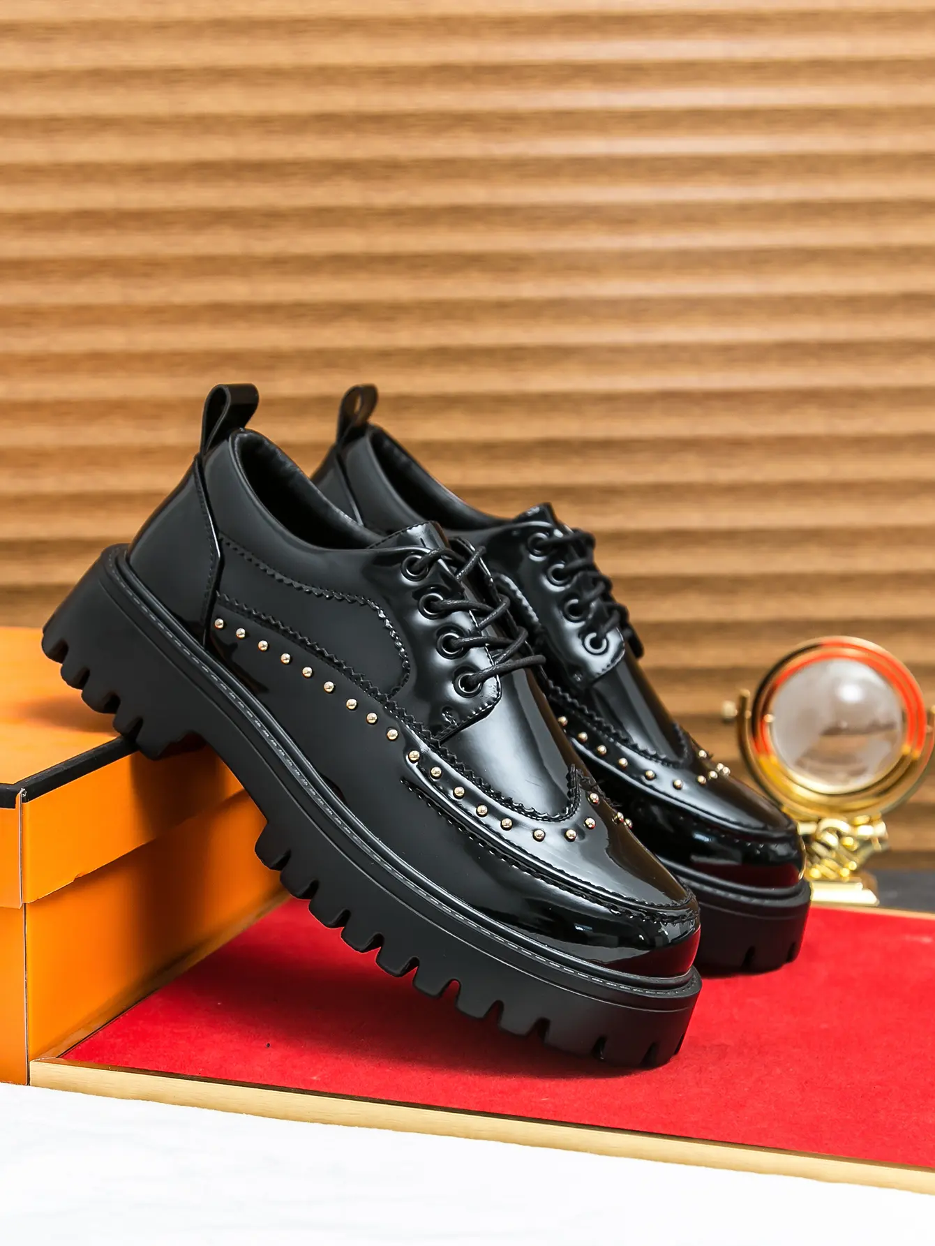 Men's Glossy Leather Round Toe Oxford Loafers - Thick Sole, Studded Pattern, Chunky Heel, Lace-Up Ankle Design, Leather Mix, All-Season Casual & Business Footwear, CN38, CN40