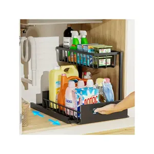Under Sink Pull Out Storage Shelf, 2-Tier Slide Out Organizer, Kitchen Cabinet & Bathroom Cupboard Storage Rack