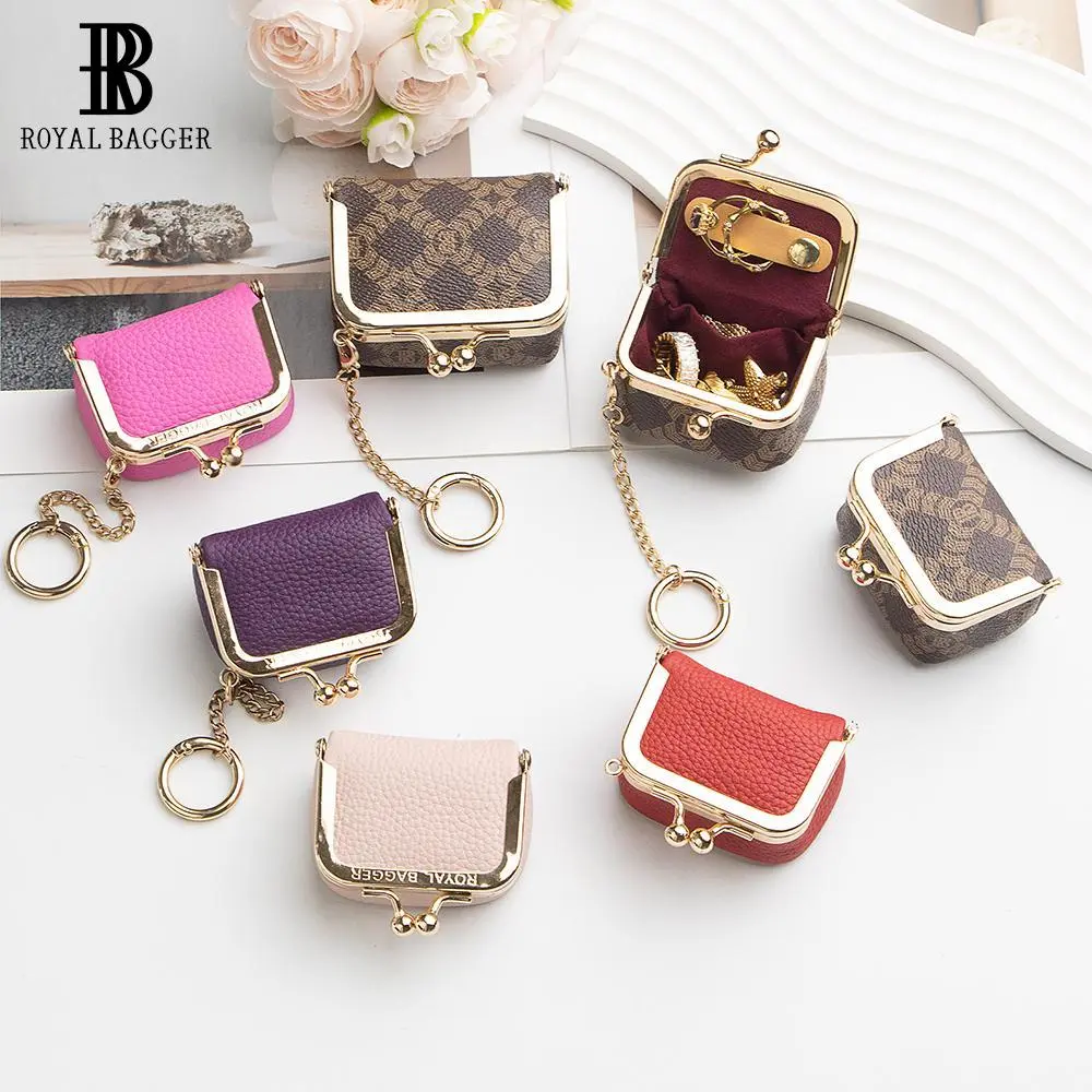 Royal Bagger Genuine Leather Mini Coin Purse, Solid Color Kiss Lock Change Pouch, Casual Style Small Storage Bag for Women 1894