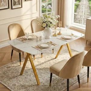 Rectangular Dining Table with Tempered Glass Top Marble Patterned Design & Golden Metal Legs Ideal for Restaurant Settings
