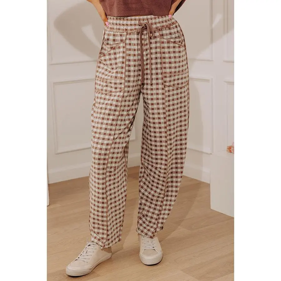 The Callie High Waist Checkered Barrel Leg Pants in Mocha