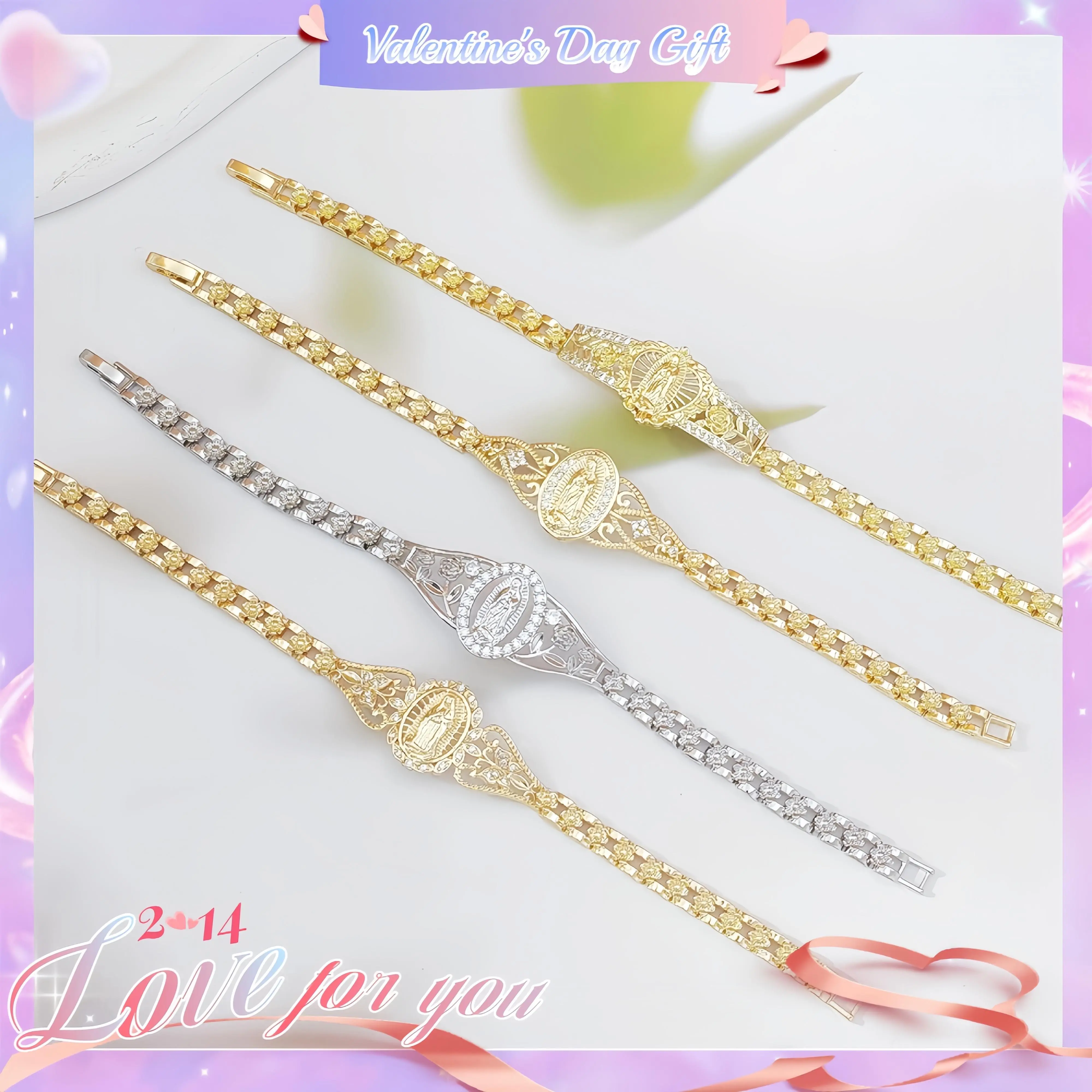 18K Gold Plated Virgin Mary Bracelet Pulsera De La Virgen Watch Link Chain Waterproof Hollow Flower Charm Catholic Protection Gift for Mom