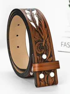 Boho Style Feather & Flower Pattern Western Belt, Vintage Style Detachable Buckle Belt for Women, Fashion Accessories for Daily Wear, Cowboy Waist Belt