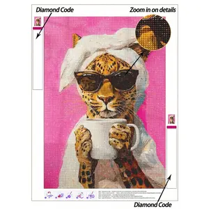 5D DIY Diamond Painting, Pink Diamond Art Set, Leopard Drinking Coffee In Bath Towel DIY Diamond Painting Cross Stitch Kits, HD Handmade Decorative Painting, Gift Diamond Painting, DIY Diamond Arts