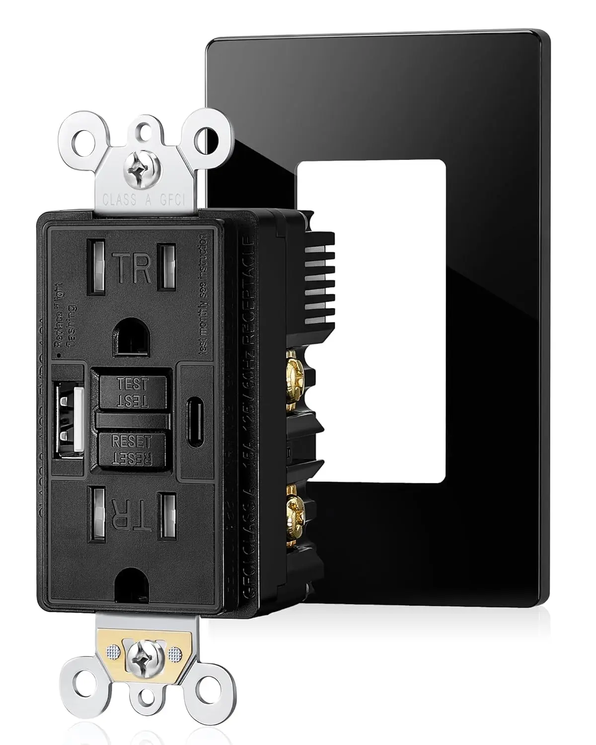 15A GFCI Outlet with USB-C & USB-A Ports, ETL Listed, Black | 5V/4.8A Total Output, Screwless Wall Plate Included, Tamper-Resistant GFCI Outlet with USB-C Ports for Kitchen & Bathroom