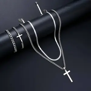4pcs Fashion Titanium Steel Cross Twist Chain Bracelet Necklace Set for Men, Holiday Date Gift Casual Daily Street Wear Accessory No Box