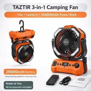 20000mAh Portable Camping Fan with LED Lantern – Dual Motor Strong Airflow, Stepless Speed Control, USB/Type-C Fast Charging, 45° Adjustable Outdoor Tent Fan for Camping & Travel