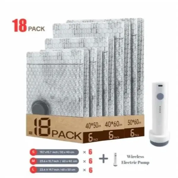 Reusable space saver,Vacuum Storage Bags for Travel with Rechargeable air Pump, 9/18 Pack Carry-on Size Compression bags,Packing for Luggage and Suitcase, Space Saver Bags for Clothes and Clothing Travel,Cordless Travel Vacuum Bag Set