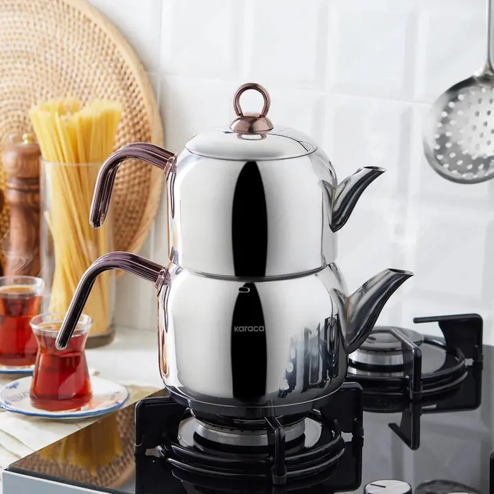 Karaca Stainless Steel Tea Pot Set, 1.35L Teapot & 1.95L Kettle, Induction Compatible, Rose Gold & Silver