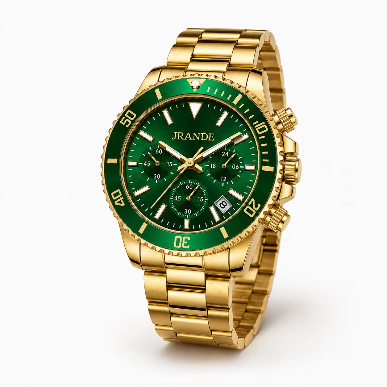JRANDE Men's Casual Bold Chronograph Watch, 43mm Large Dial Green Face, Gold-Tone Stainless Steel Bracelet, Quartz Watch with Luminescent Hands, Date Window, 30M Water Resistant, Wardrobe