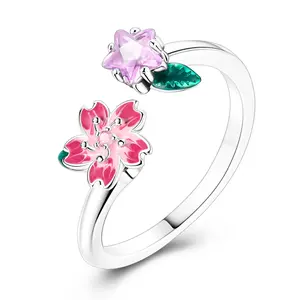 MULA rotating cherry blossom ring, 925 Silver-plated inlaid with sparkling glass stones, unique floral adjustable open ring, is a perfect gift for birthdays, anniversaries, Valentine's Day, and the Spring Festival
