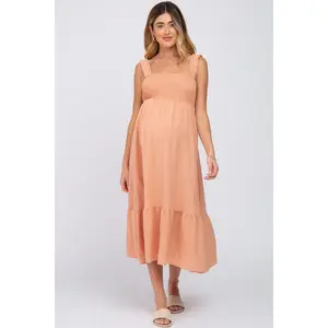 Peach Smocked Maternity Midi Dress