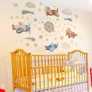 A set of 2 pieces (30*60cm*2pcs) hand-painted airplane, planet and star wall stickers Wall Decal for living room, bedroom and home background decoration Decorative Wall Sticker BM7546-NL