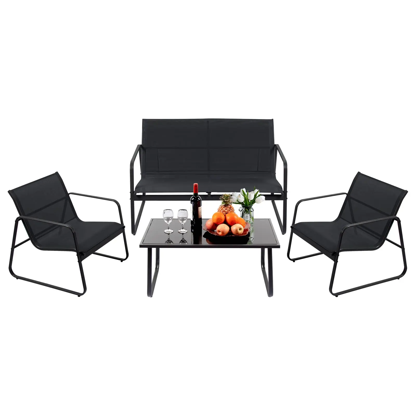 4-Piece Outdoor Conversation Patio Furniture Set - Black Frame, Heathered Grey Fabric, Glass Coffee Table for Lawn, Garden | Patio & Outdoor Furniture Sets, Patio Furniture Sets