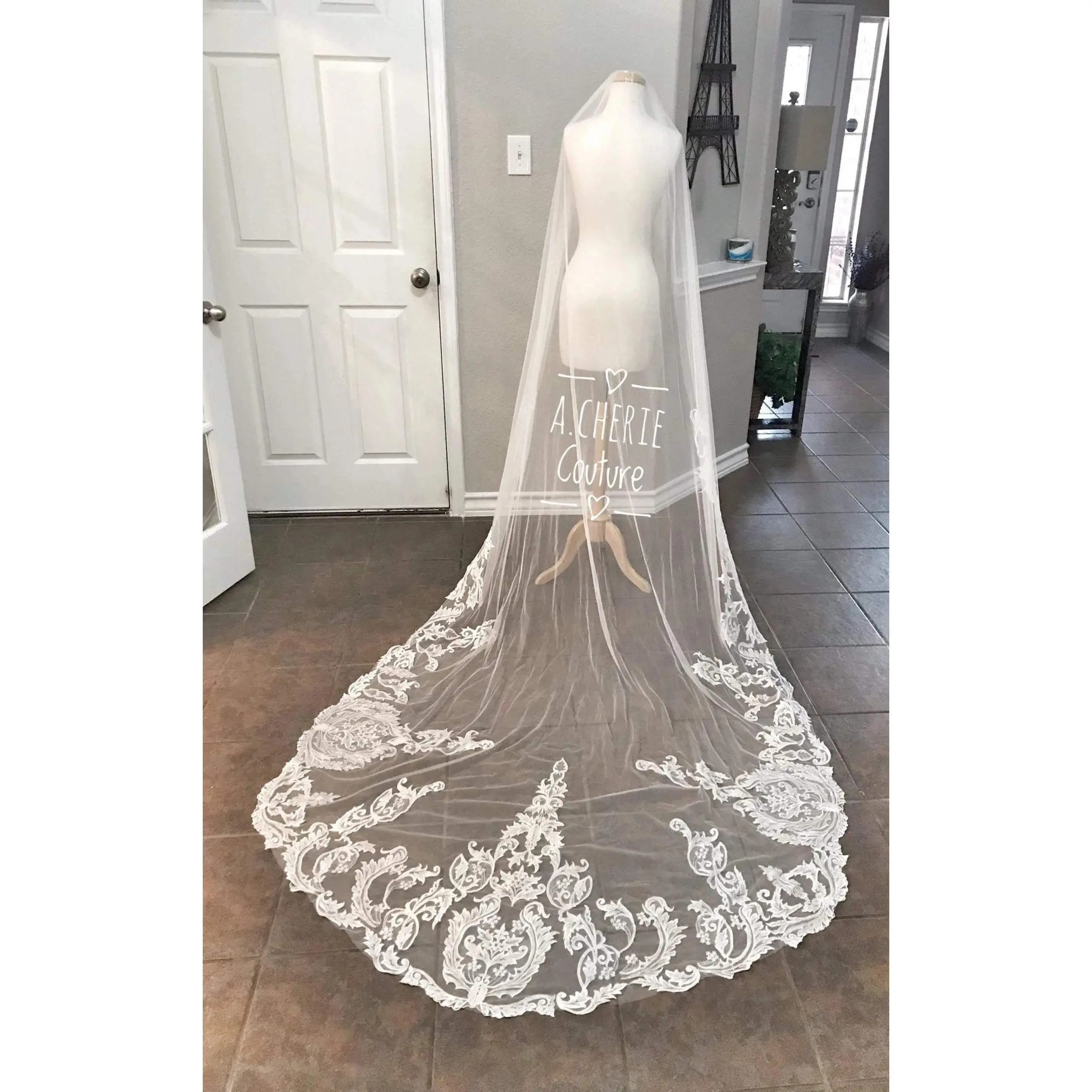 Lace Drop Bridal Veil, 120-Inch Cathedral Tulle Wedding Veil with Scroll Lace Appliqué Edge, Bridal Accessory for Brides with Comb, Lace Drop Veil